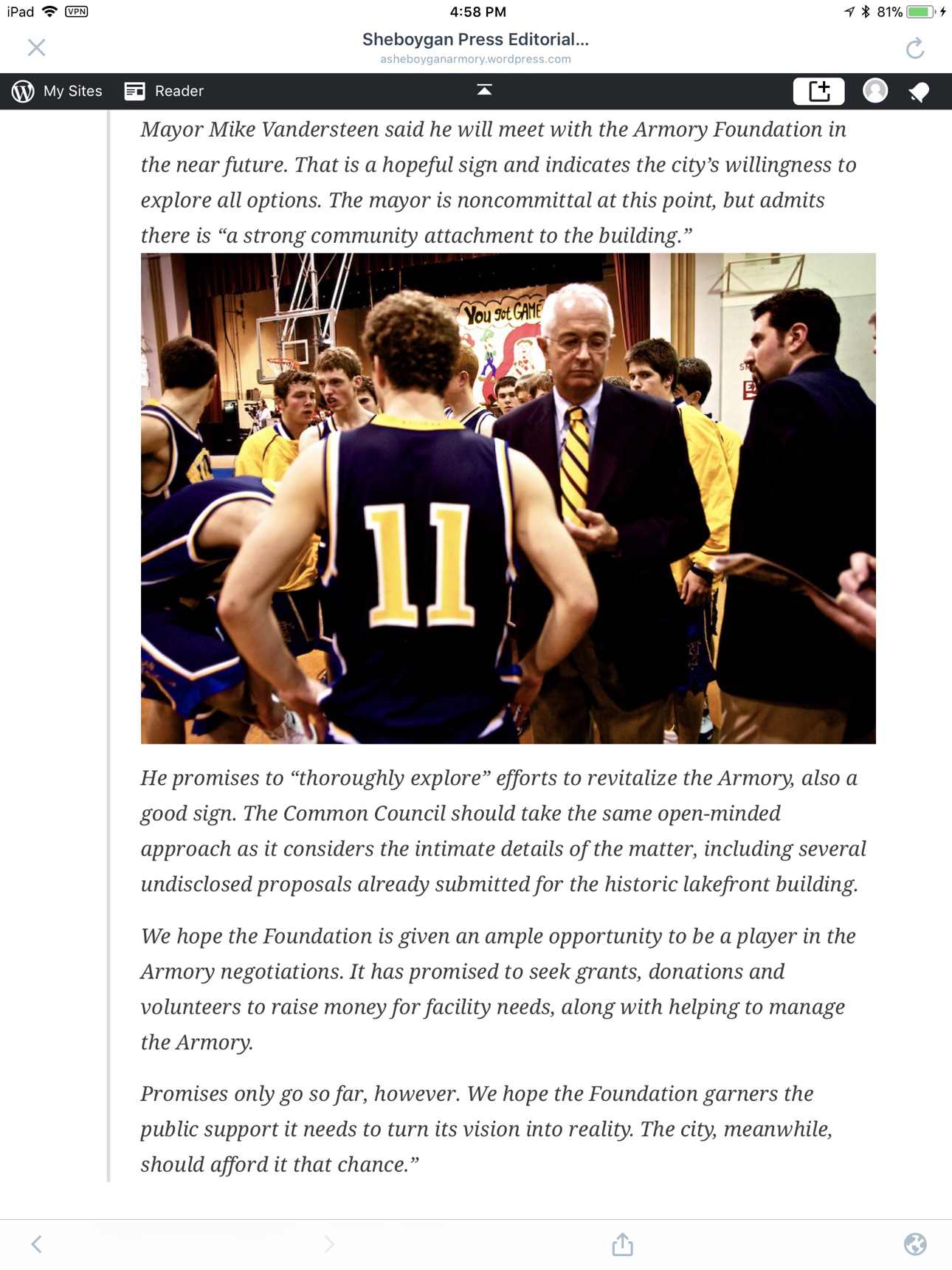 Screenshot of asheboyganarmory.wordpress.com: girls’ basketball team huddle on the Armory floor, from the Sheboygan Press editorial