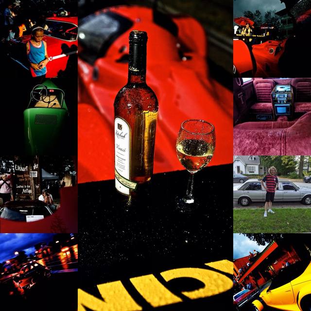 Mike's road-racing collage: red race car, Cinzano umbrella crew, wine bottle on a red car, Elkhart Lake signs, car show, limo interior, night racing