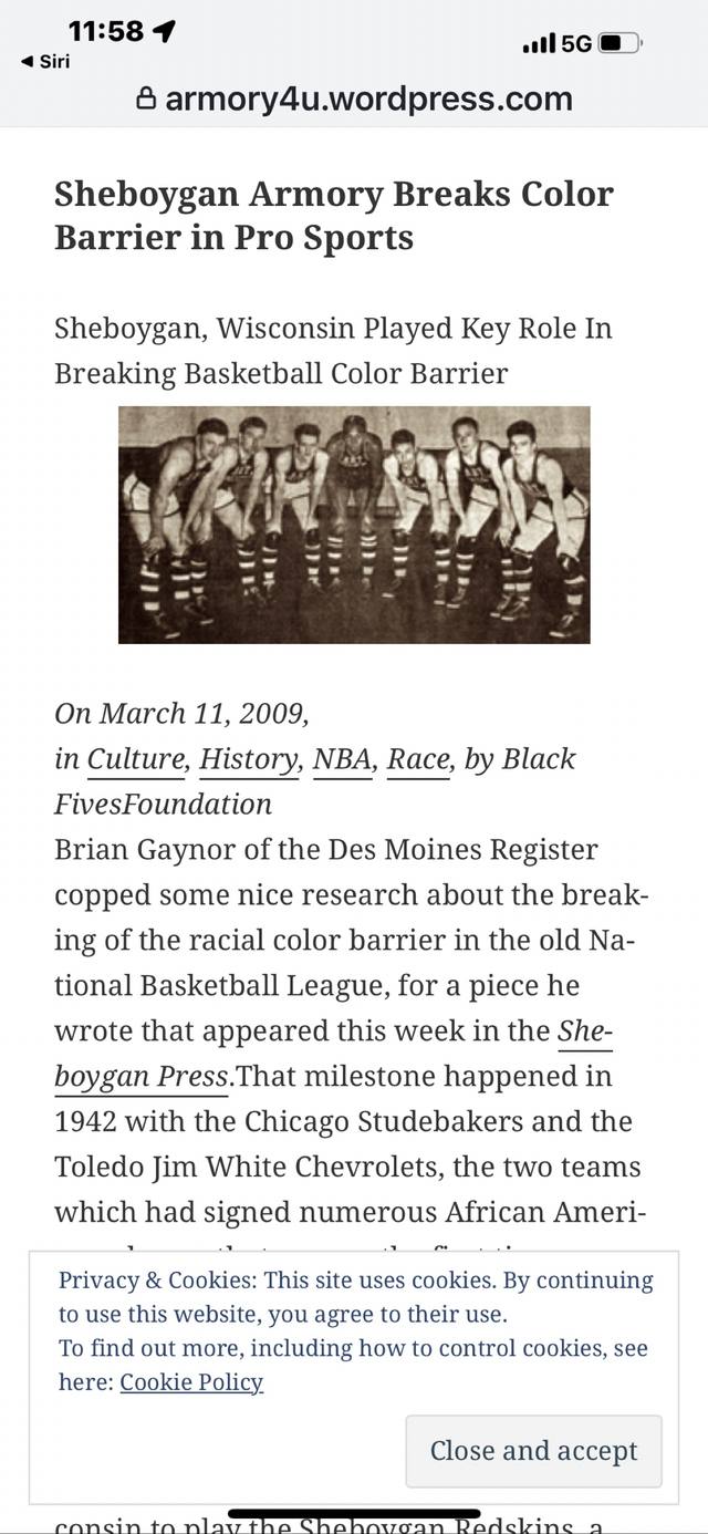 armory4u.wordpress.com "Sheboygan Armory Breaks Color Barrier in Pro Sports" screenshot; includes Red Skins team photo — also serves #3