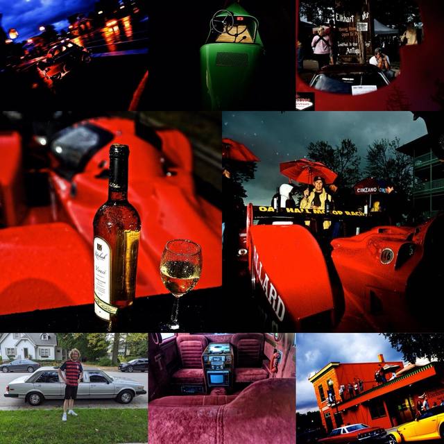 second racing collage variant: wine on red car, Cinzano crew, Elkhart Lake, limo, night racing