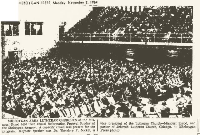 Sheboygan Press, Nov. 2, 1964 — capacity crowd inside the Armory for the Lutheran Reformation Festival; shows the interior in use
