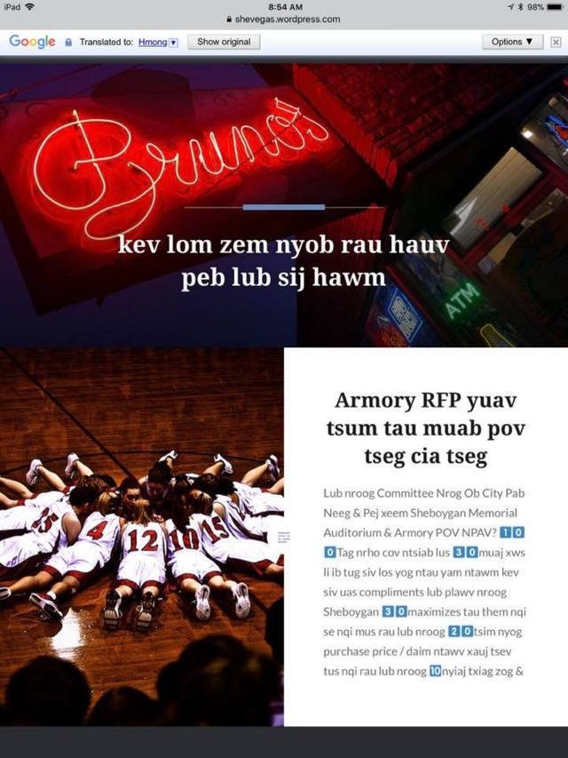 shevegas.wordpress.com, Google-translated to Hmong — "Armory RFP" post, Bruno's neon + team huddle; documents the disposition/RFP era