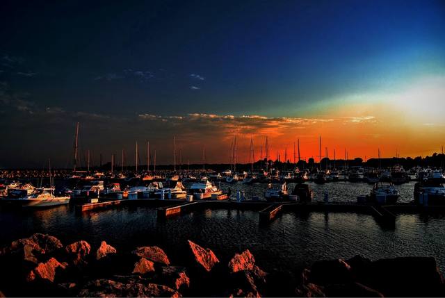 marina at sunset, wide