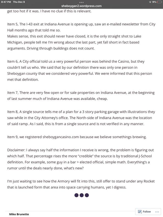sheboygan2.wordpress.com screenshot, Mike's post — casino/Indiana Ave items 5–9, "I'm just waiting to see how the Armory will fit into this," signed Mike Brunette