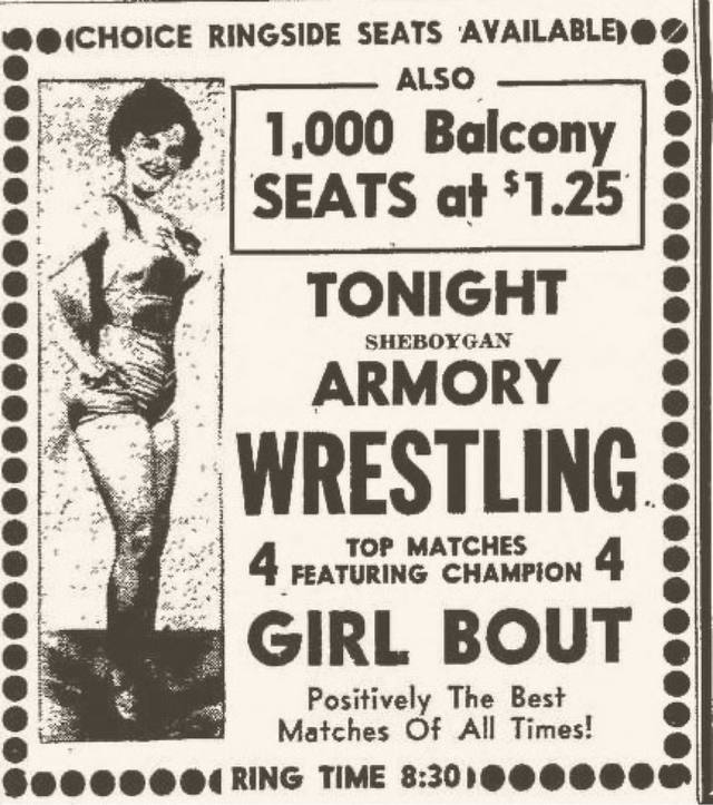 vintage newspaper ad — "TONIGHT SHEBOYGAN ARMORY WRESTLING… GIRL BOUT," 1,000 balcony seats at $1.25
