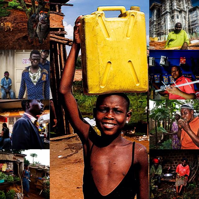 Uganda/Africa collage: kid with yellow jerrycan on head, fish, construction, market scenes