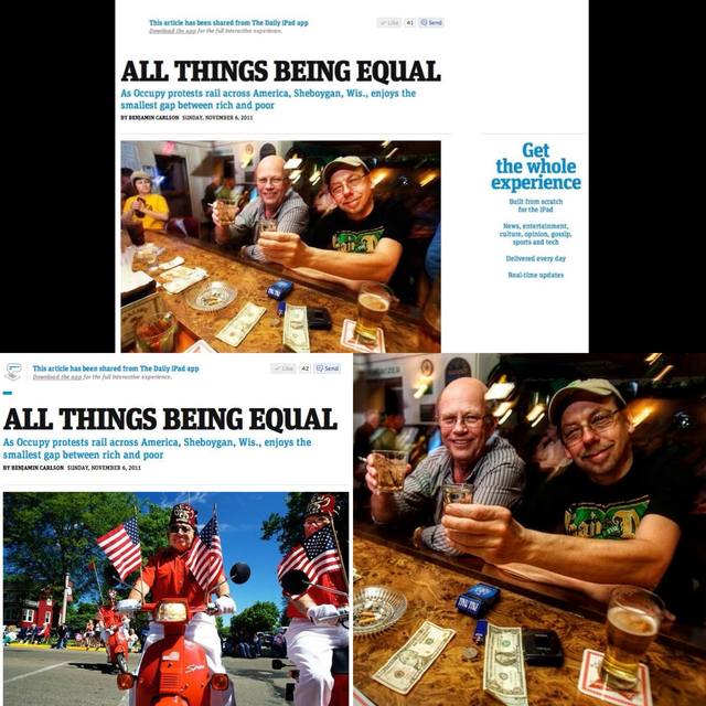 The Daily (iPad app) article, Benjamin Carlson, Nov. 6, 2011: "As Occupy protests rail across America, Sheboygan, Wis., enjoys the smallest gap between rich and poor" — document, no atlas card