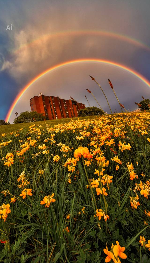 double rainbow over the brick housing building, wildflower meadow (two edits of the same frame; second has an "Ai" watermark). No atlas card covers housing; file under general SheVegas / future housing story.
