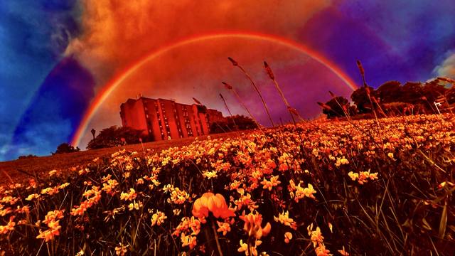double rainbow over the brick housing building, wildflower meadow (two edits of the same frame; second has an "Ai" watermark). No atlas card covers housing; file under general SheVegas / future housing story.
