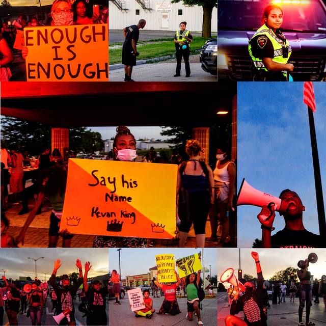 "ENOUGH IS ENOUGH," "Say his Name Kevan King," Sheboygan police, marches, "NO JUSTICE NO PEACE NO RACIST POLICE" — Mike's protest photojournalism; no atlas card, filed as the protest archive