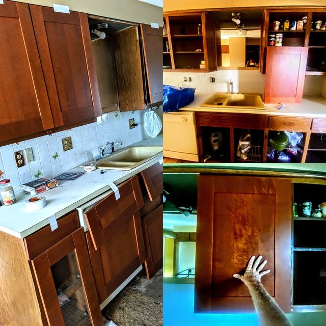 kitchen cabinets, sinks, hand on cabinet