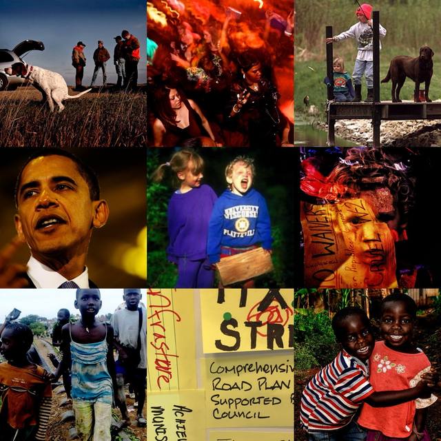 9-panel life collage: hunting dog, nightclub, kids fishing, Obama, UW-Platteville kids, "NO WAIVERS … CRUEL" sign, Africa, "Comprehensive Road Plan Supported By Council" sticky notes