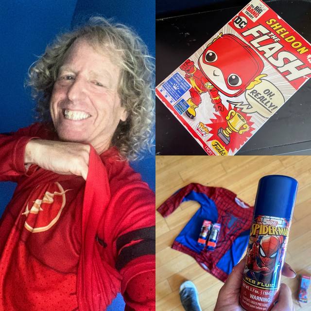 Mike in the Flash shirt, Sheldon Flash Funko, Spider-Man web fluid