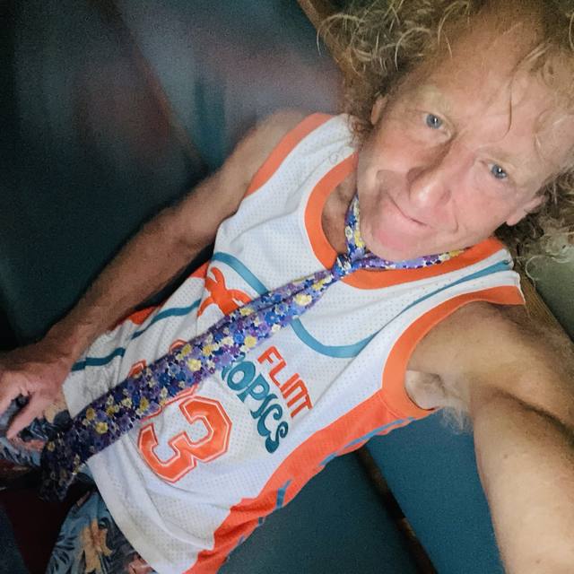 Mike selfie, Flint Tropics jersey with floral tie