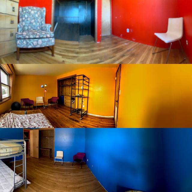 his apartment rooms panorama: red room, orange room, blue room