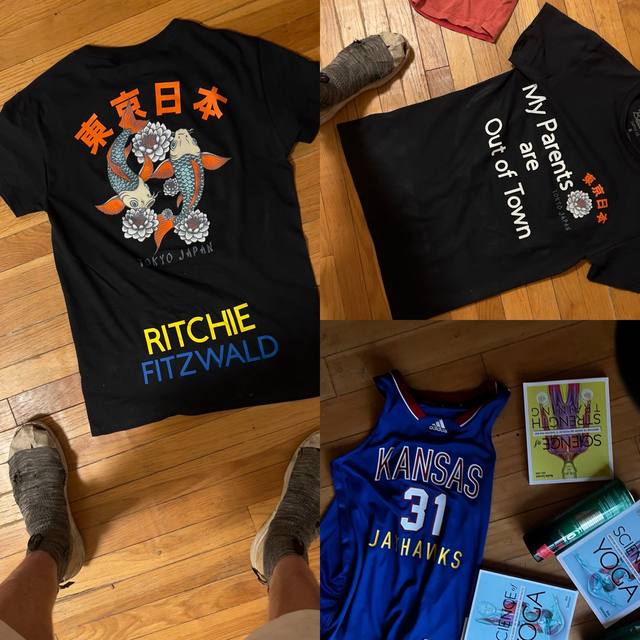 shirt collage: RITCHIE FITZWALD Tokyo Japan koi shirt, "My Parents are Out of Town" shirt, Kansas 31 Jayhawks jersey, Science of Strength Training and Science of Yoga books